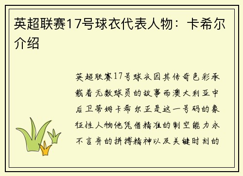 英超联赛17号球衣代表人物：卡希尔介绍